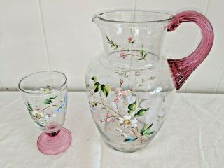 Antique Art Glass Cranberry Handled Clear Pitcher Enameled Flowers & Glass