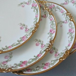 4 Antique Limoges French Porcelain 7.  5 " Plates Pink Roses Drop Roses Gilt Trim