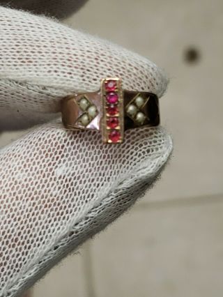 Antique Victorian 1890s Estate Ruby Seed Pearl Rose Gold Band Ring Size 8.  5