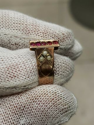 Antique Victorian 1890s Estate Ruby Seed Pearl rose Gold Band Ring size 8.  5 3