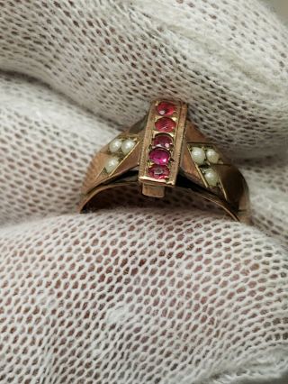 Antique Victorian 1890s Estate Ruby Seed Pearl rose Gold Band Ring size 8.  5 6