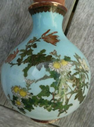 Antique Duck Egg Blue Japanese Cloisonne Vase Blossoms & Morning Glory Vine
