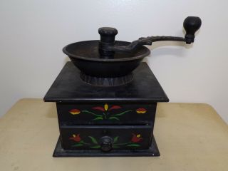 Antique Vintage Olde Thompson Hand Painted Coffee Mill Grinder Wood Cast Iron