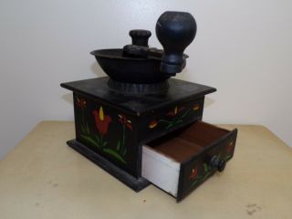 Antique Vintage Olde Thompson Hand Painted Coffee Mill Grinder Wood Cast Iron 3