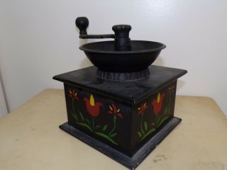 Antique Vintage Olde Thompson Hand Painted Coffee Mill Grinder Wood Cast Iron 4