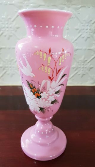 Gorgeous Pink Milk Glass Handpainted White Dove & Floral Victorian Vase