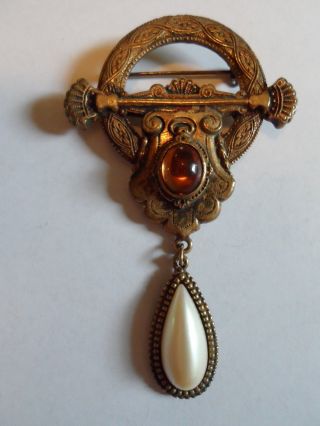 Antique Brass Tone Pin/brooch With Amber Glass & Faux Pearl Stones,  Unmarked,  3 "