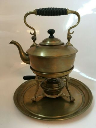 Vintage Antique Manning Bowman Brass Copper Teapot Kettle,  Stand & Burner Set