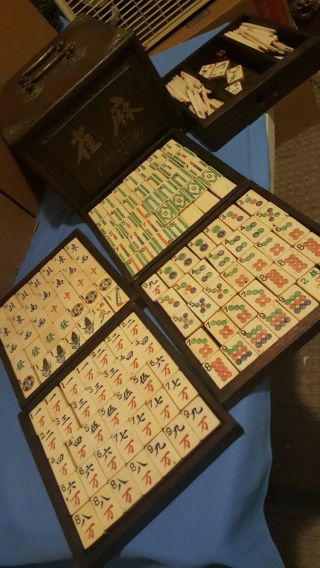 Antique 1910 Mahjong Game Set & Wood Box Case - 144 Hand Painted Tiles & Sticks