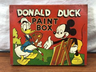 Vintage 1950 Walt Disney Collectible Antique Donald Duck Paint Box Mickey Mouse