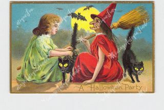 Antique Postcard Halloween Party Witch Broom Girl Black Cats Bats Moon Embossed