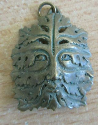 Antique Victorian " Green Man " Face In Oak Leaves - Bronze Necklace Pendant