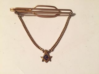 Vintage Masonic Freemason Tie Bar Clip Chain 1/20th 12k Gold