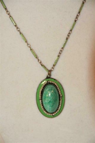 Antique Art Deco Enameled Lg Peking Glass Pearls Pendant Enameled Chain Necklace