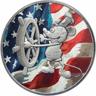 Nieu 2017 2$ Steamboat Willie Mickey Mouse Usa Flag 1 Oz Antique Silver Coin