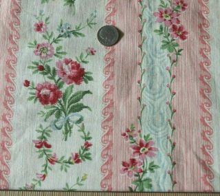 Antique French Pink Roses & Ribbons Printed Cotton Stripe Sample Fabric 22 " X10 "