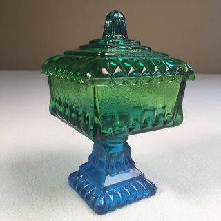 Multi Colored Vintage Candy Dish With Lid 6 " X 4 " Blue And Green Painted Glass