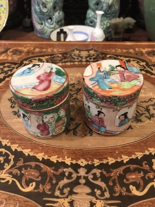 2 Antique Chinese Export Famille Rose Porcelain Trinket Box
