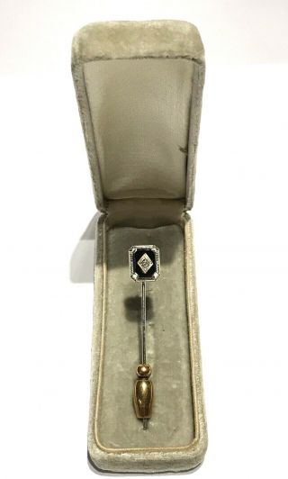 Antique Ostby Barton Diamond & Onyx 10k White Gold Stick Lapel Pin 1.  1gr W/ Box