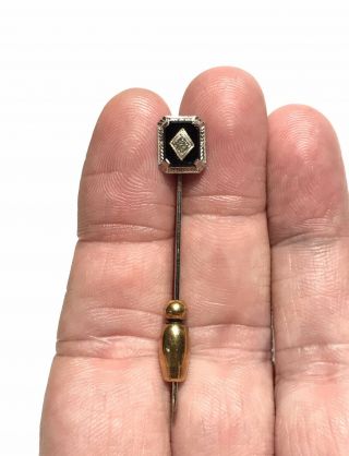 Antique Ostby Barton Diamond & Onyx 10K White Gold Stick Lapel Pin 1.  1gr w/ Box 2
