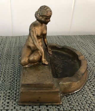 Antique Art Deco Bathing Nude Figural Metal Ashtray 4