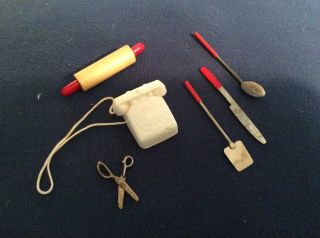 Vintage 1960s Barbie Accessory Telephone Phone Scissors ✂️ Utensils Rolling Pin