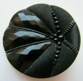 Dazzling Antique Vtg Victorian Black Glass Button Ornate Faceted Design (u)
