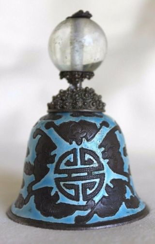 Antique Chinese Qing Dynasty Mandarin Rank Hat Button Finial Enamel Bats Bell 3