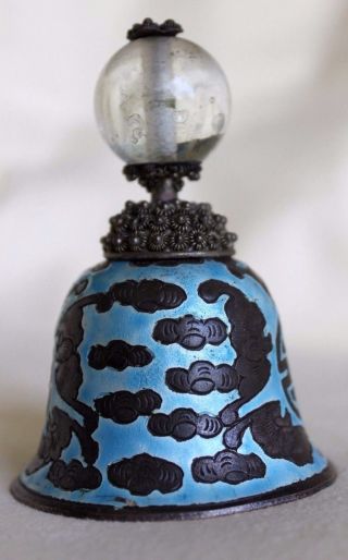 Antique Chinese Qing Dynasty Mandarin Rank Hat Button Finial Enamel Bats Bell 4
