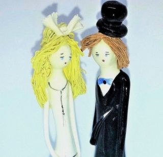 Ceramic Cake Topper Figurine Of Bride & Groom With Spaghetti Hair