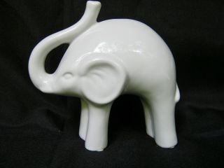 Vintage White Mid Century Modern Ceramic Elephant Figurine With Raised Trunk
