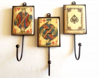 3 Antiqued Playing Card Wall Hook Hangers King Hearts Ace Spades Jack Diamonds