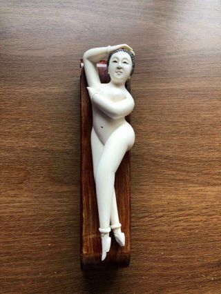 Vintage Antique Hand Painted Chinese Lady Statue Wooden Reclining On A Bench