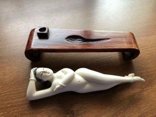 Vintage Antique Hand Painted Chinese Lady Statue Wooden reclining on a bench 3