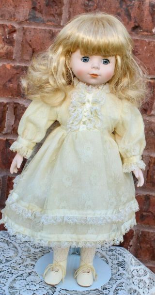 Vintage Porcelain Doll With Stand Long Blonde Hair With Blue Eyes Lace Dress