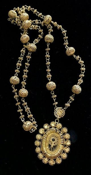 Vintage Or Antique Gold Tone Ornate Pendant Necklace 32 " M005