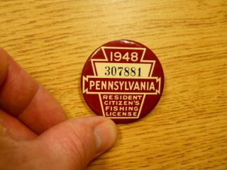 1948 Pennsylvania Fishing License Button Pin Badge Good Color Shape