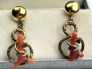 Antique Victorian 12k Gf And Red Coral Earrings