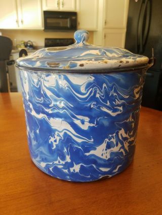 Antique Enamelware Blue And White Swirl Berry Bucket/ Lunch Bucket