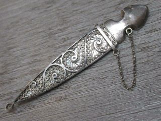 Antique Sterling Silver Jewelry Ornate Filigree Canetille Sword,  Sheath Brooch