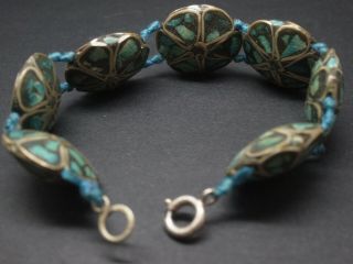 Antique Deco Bohemian Arts Crafts Moroccan Silver Turquoise Mosaic Bead Bracelet