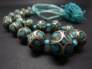 Antique Deco Bohemian Arts Crafts Moroccan Silver Turquoise Mosaic Bead Necklace