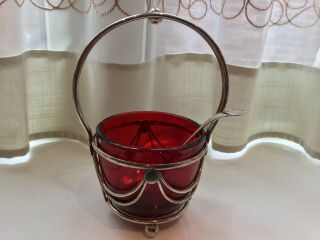 Lovely Vintage Silver Plated And Cranberry Glass Sugar Basket