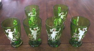 Mary Gregory Atq Set Of 6 Emerald Green Glasses/goblets Hp Elizabetan Men