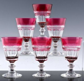 Gorgeous Set 6 Vintage Continental Cranberry Cut To Clear Sherry Liqueur Glasses