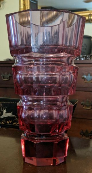 Antique Josef Hoffman Moser Style Cubistic Cut Glass Vase Purple Pink