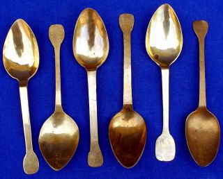 Fine And Rare 18th Century Set Of 6 French Latten Brass Spoons Circa 1725