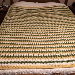 Vintage Handmade Green,  Gold & White Afghan Crochet Blanket 60 " X 70 ".