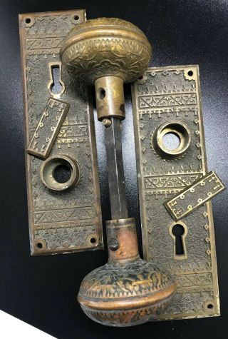 Antique Ornate Victorian Eastlake Brass Door Knobs Backplate Key Escutcheon Set