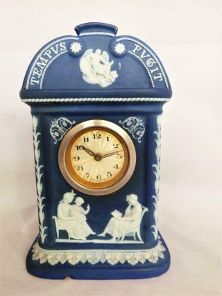 Antique Wedgwood Tempus Fugit Rare Jasper Ware Deep Blue Mantle Clock 1850s